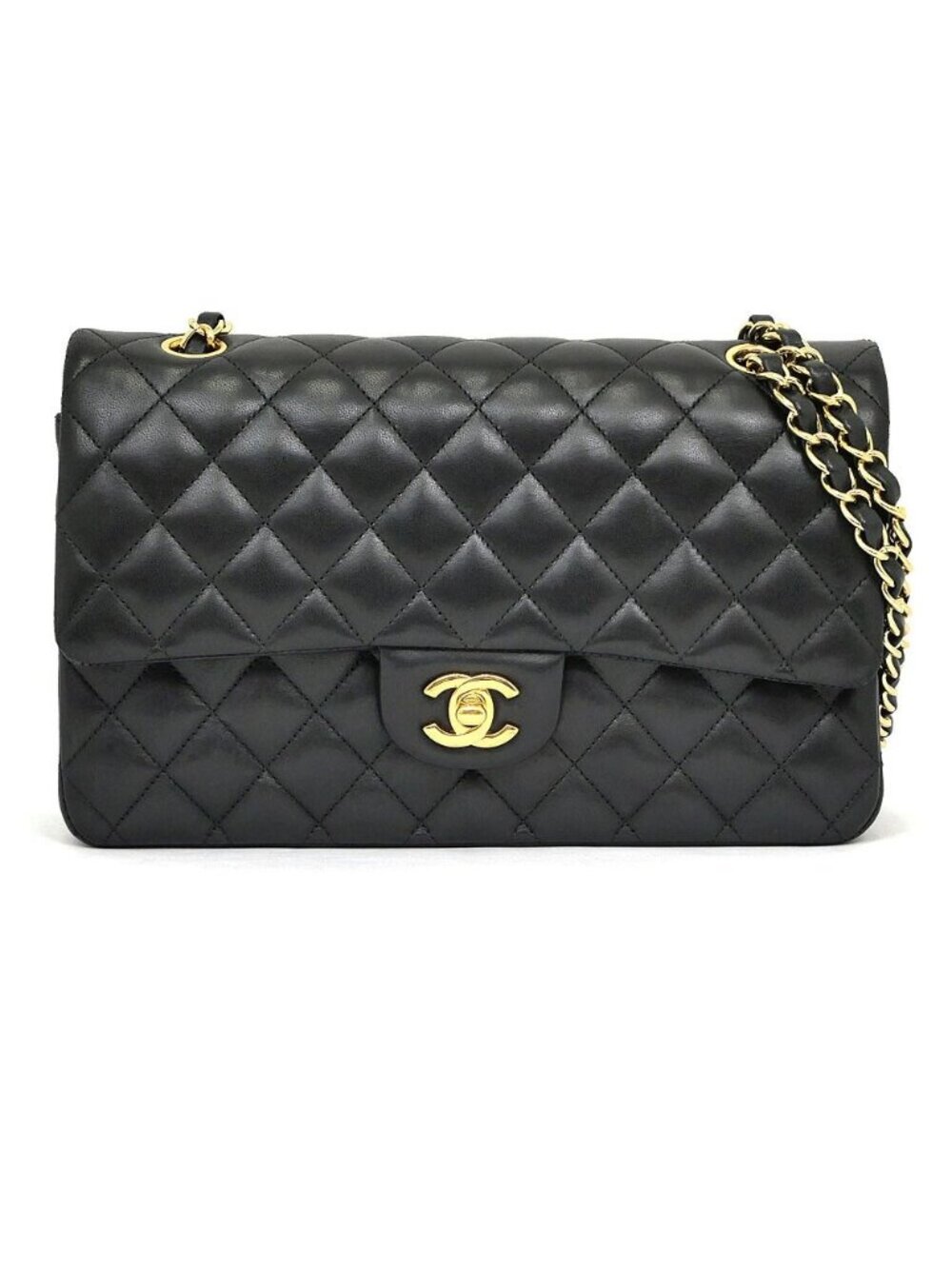 Chanel Quilted 25 Chain Shoulder Bag Double Flap Black Gold Lambskin
